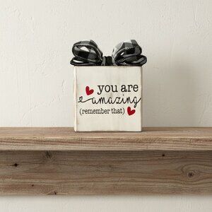 You Are Amazing Wooden Block Sign With Buffalo Check Bow Handmade 4" x 4" Basket